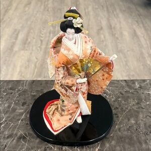 Handcrafted Peach Kimono Geisha Sculpture with Gold Fan